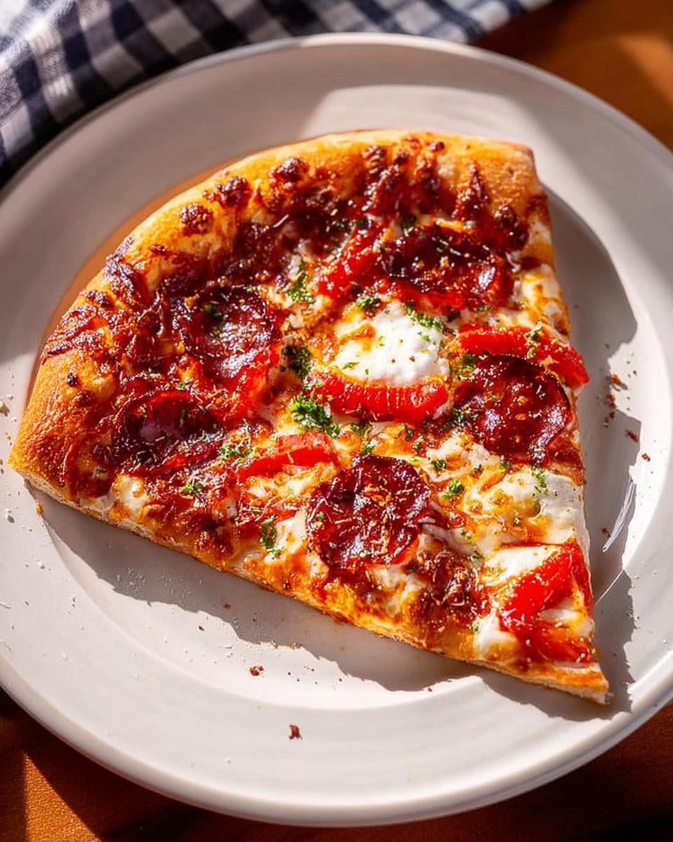 A delicious slice of pepperoni pizza with melted cheese and red peppers, perfect for Pizza Night Recipes Meal Prep.