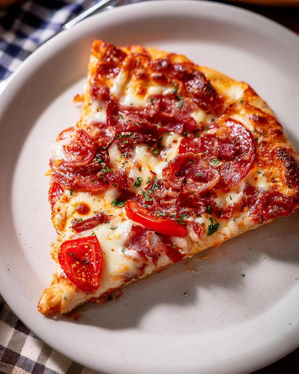 A close-up of a slice of pepperoni pizza with melted cheese and fresh tomato slices, perfect for Pizza Night Recipes.
