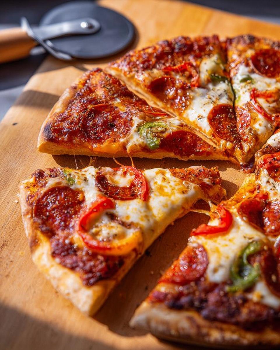 Close-up of delicious pepperoni pizza slices with melted cheese and bell peppers, perfect for pizza night.