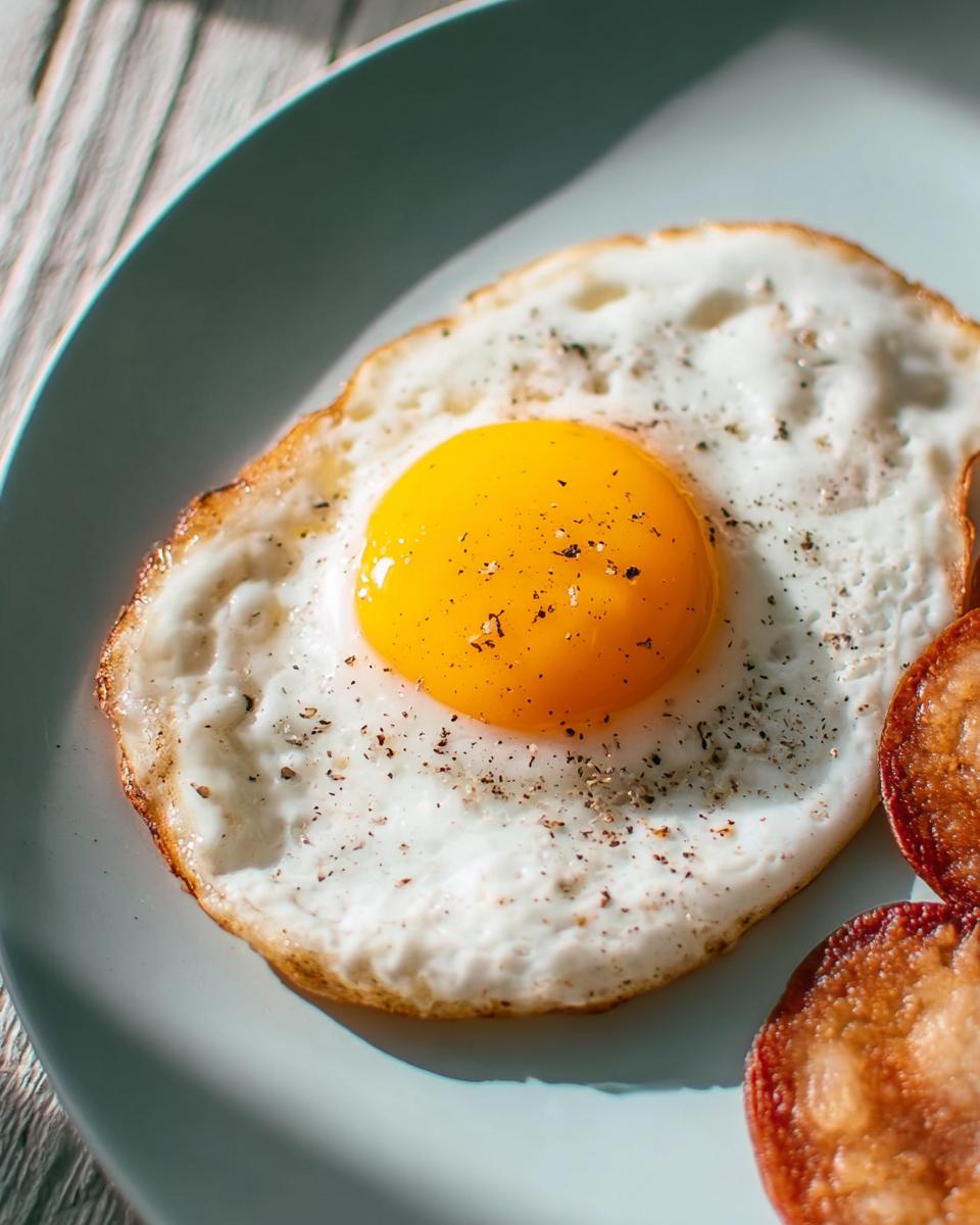 A perfectly fried egg with a bright yellow yolk, seasoned with pepper, served on a plate with sausage.