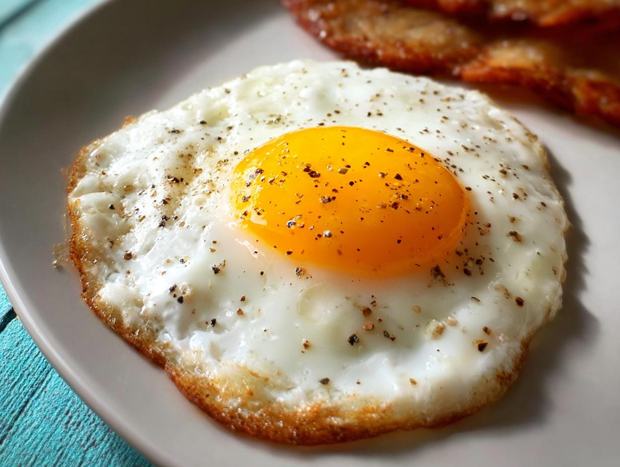 A perfectly fried egg with a bright yellow yolk, seasoned with black pepper, part of an egg recipe.