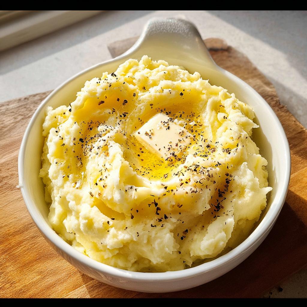 A close-up of creamy mashed potatoes topped with a pat of melting butter and cracked black pepper.