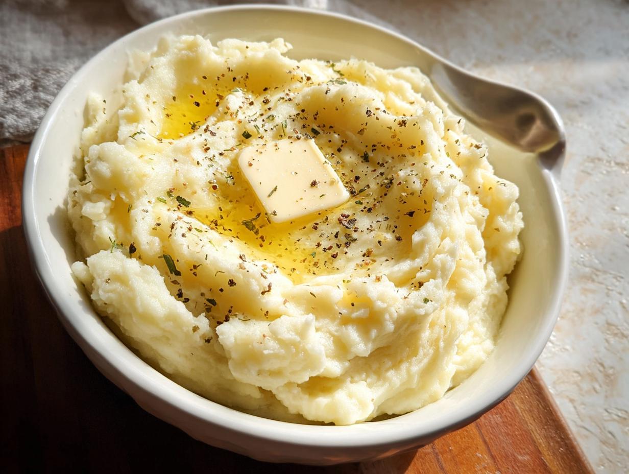 A bowl of fluffy mashed potatoes topped with a pat of butter, melted butter, and herbs. Perfect for mashed potatoes recipes.