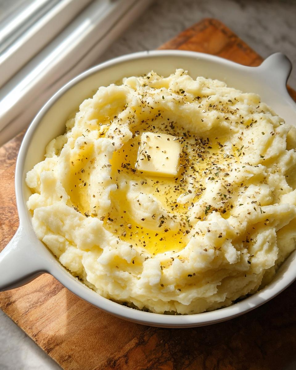 A close-up of a white bowl filled with fluffy mashed potatoes, topped with a pat of melting butter and sprinkled herbs.