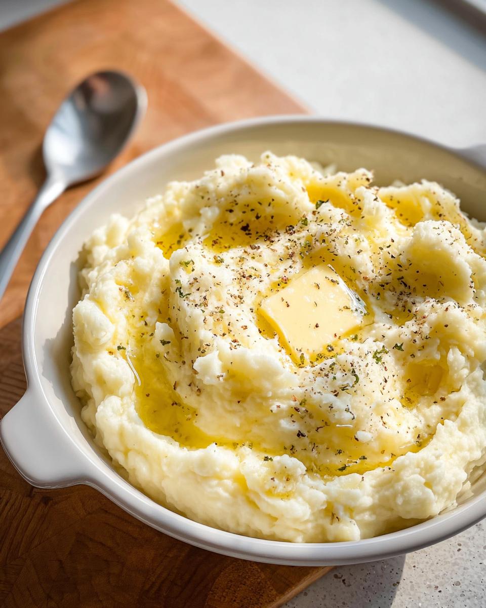 A close-up of a bowl of perfect mashed potatoes topped with melting butter, herbs, and pepper.