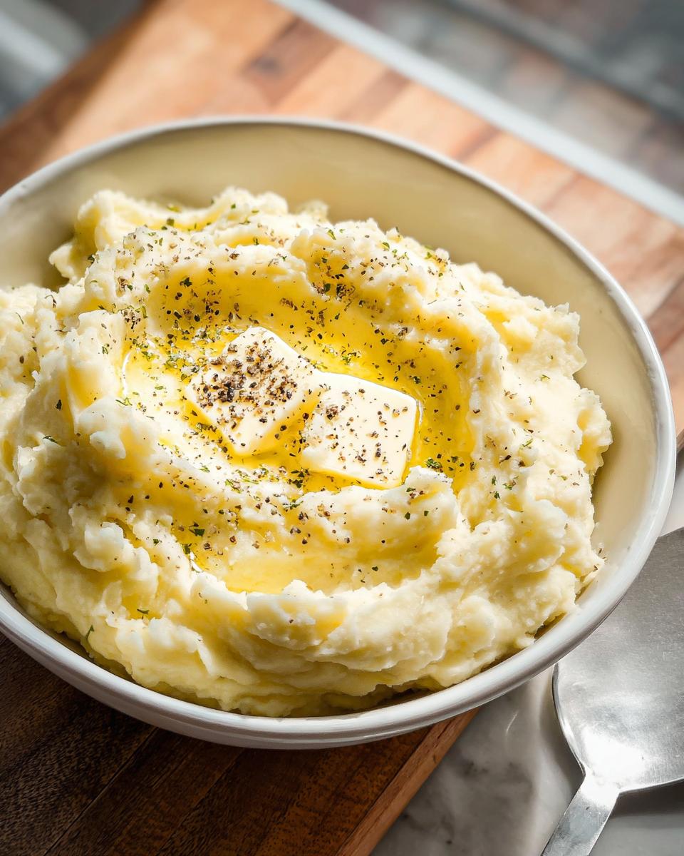 A close-up of a bowl of fluffy mashed potatoes topped with a pat of melting butter, herbs, and cracked black pepper.