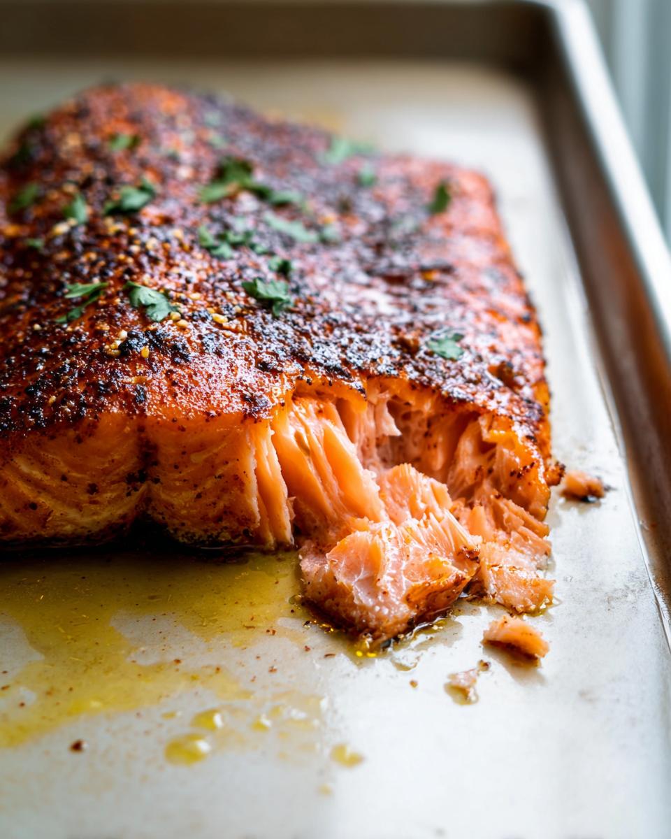 A close-up of a perfectly cooked salmon fillet, seasoned and flaking apart on a baking sheet.