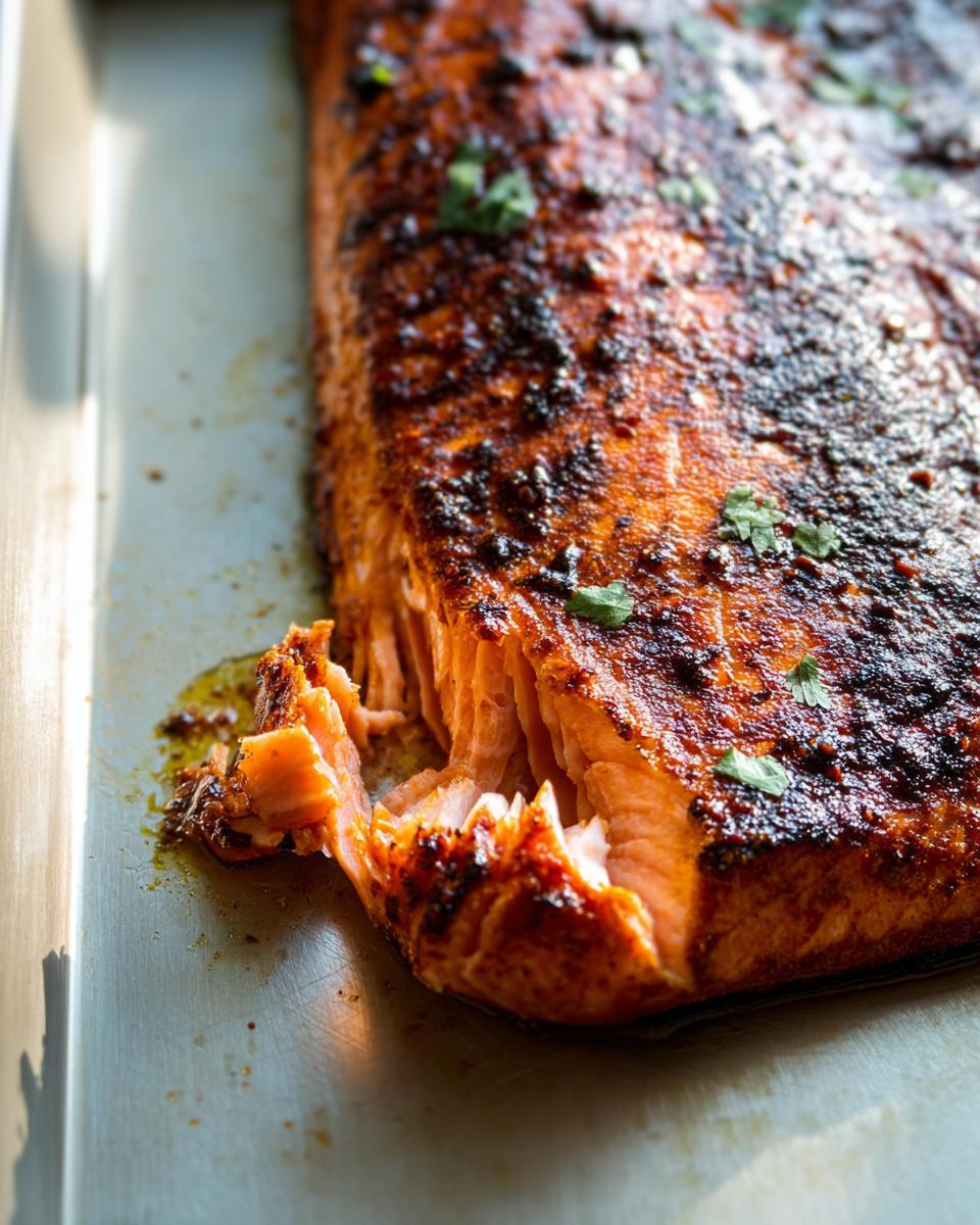 Close-up of a perfectly cooked salmon fillet with a crispy, seasoned crust, ready for serving.