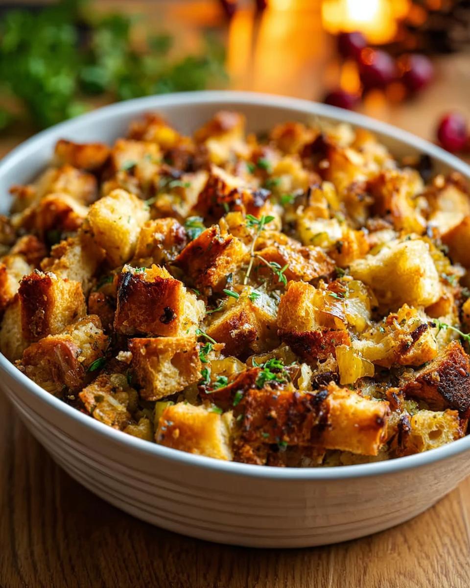 Close-up of a bowl filled with a perfect stuffing recipe, featuring golden-brown bread cubes and fresh herbs.
