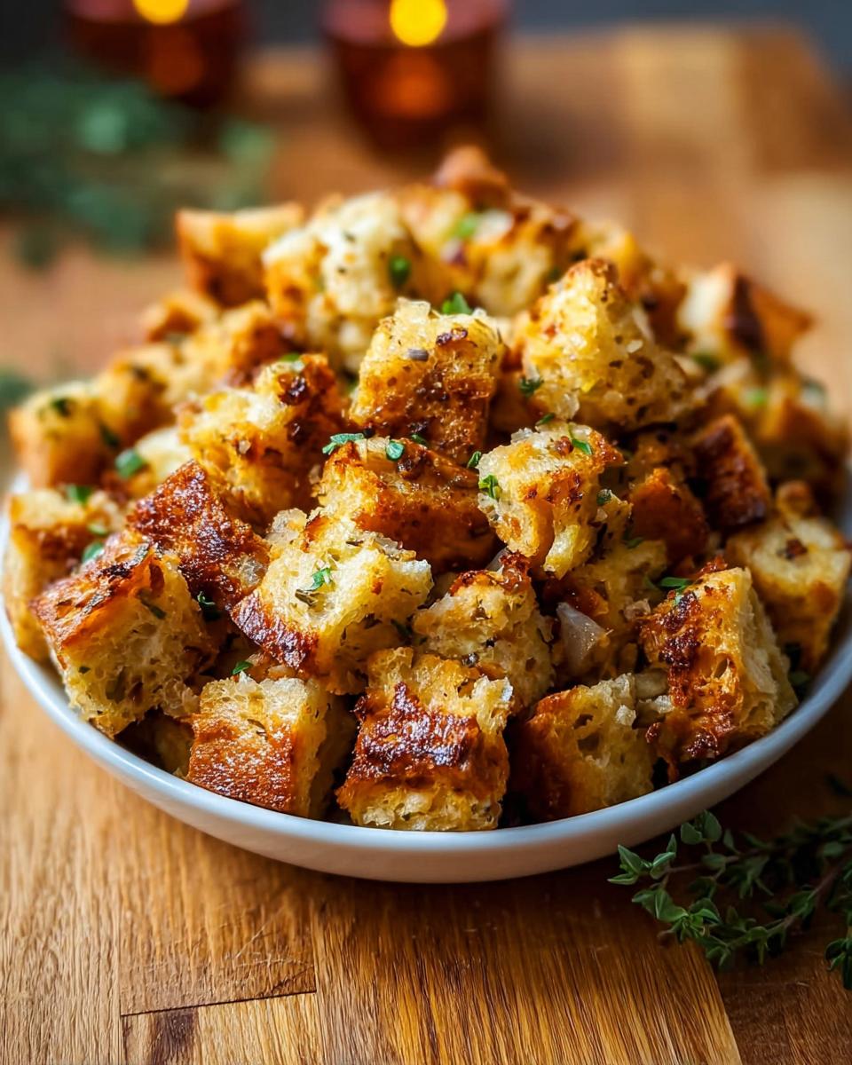 Close-up of golden-brown croutons for a perfect stuffing recipe, seasoned with herbs.
