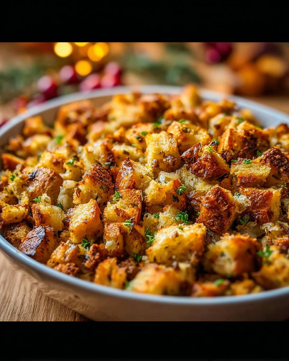 Close-up of a bowl filled with golden brown, perfectly baked stuffing cubes, a staple for any holiday meal.