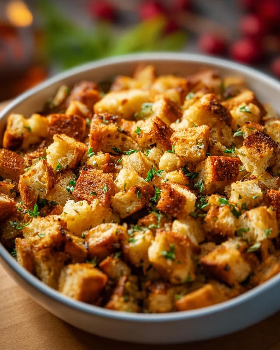 A close-up of a bowl filled with golden-brown, toasted bread cubes for stuffing recipes, garnished with fresh herbs.