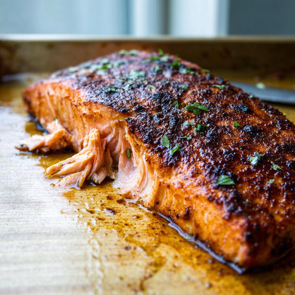 Close-up of a perfectly cooked salmon fillet with a crispy, seasoned crust and flaky interior, a great example of salmon recipes.