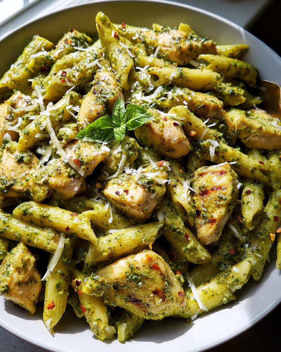 A close-up of penne pasta tossed with pesto sauce and grilled chicken pieces, a popular chicken recipe.