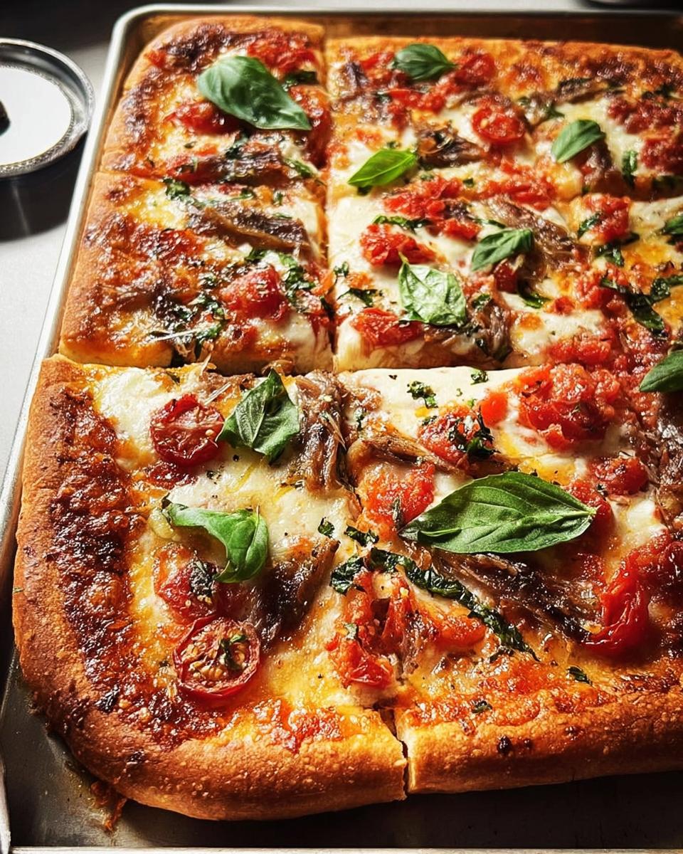 Close-up of a rectangular pizza with anchovies, cherry tomatoes, mozzarella, and basil, perfect for Pizza Night Recipes in 10 Minutes.