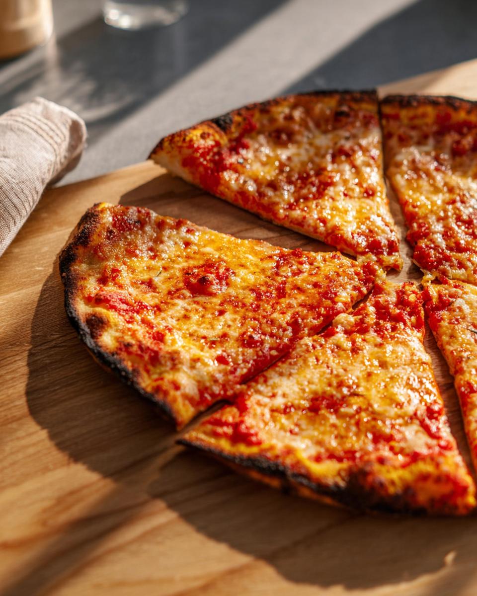 Close-up of classic cheese pizza slices on a wooden board, perfect for pizza night.