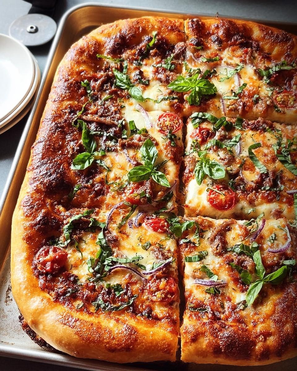 A delicious homemade pizza with ground meat, cherry tomatoes, red onion, and fresh basil, perfect for Pizza Night Recipes in 10 Minutes.