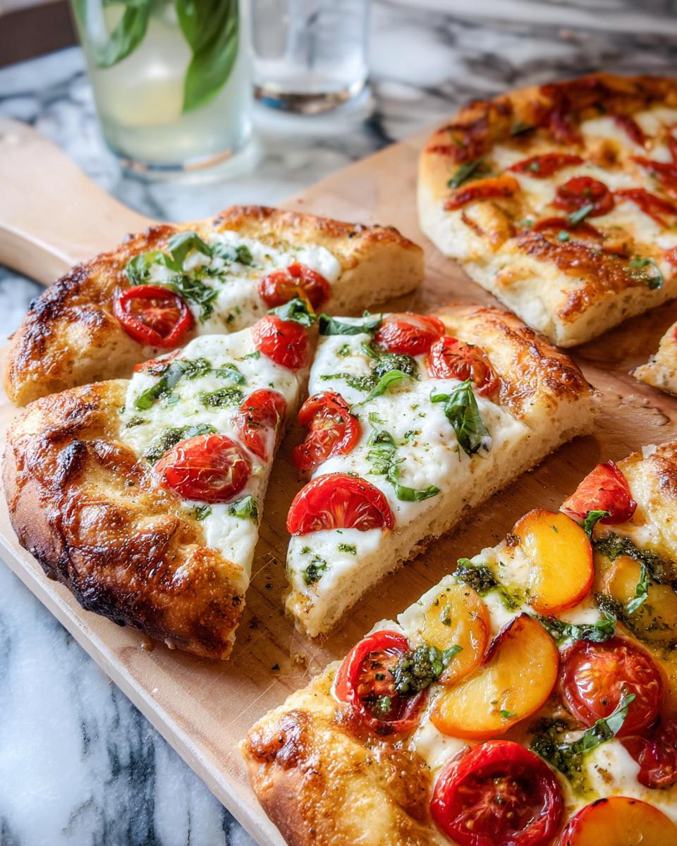 Close-up of various pizza night recipes, featuring fresh mozzarella, cherry tomatoes, basil, and peaches.