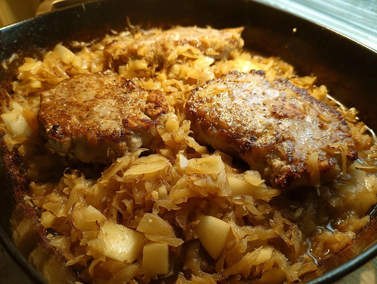 Close-up of tender pork chops baked with caramelized onions and apples, a quick weeknight meal.