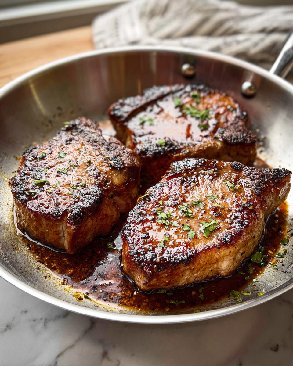 Three perfectly seared pork chops glistening in a pan sauce, ready for meal prep.