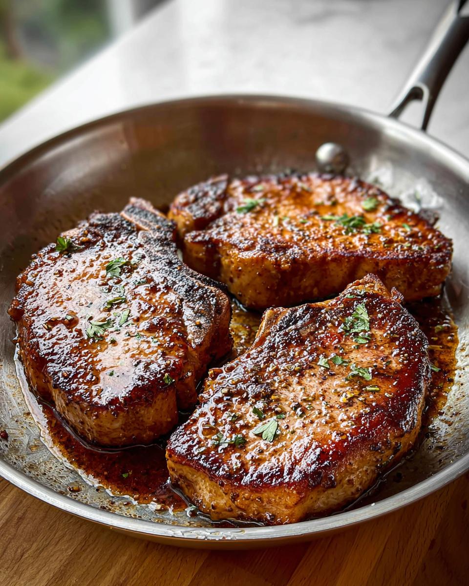 Three juicy pork chops in a skillet, glazed and garnished with parsley, perfect for pork chops recipes meal prep.