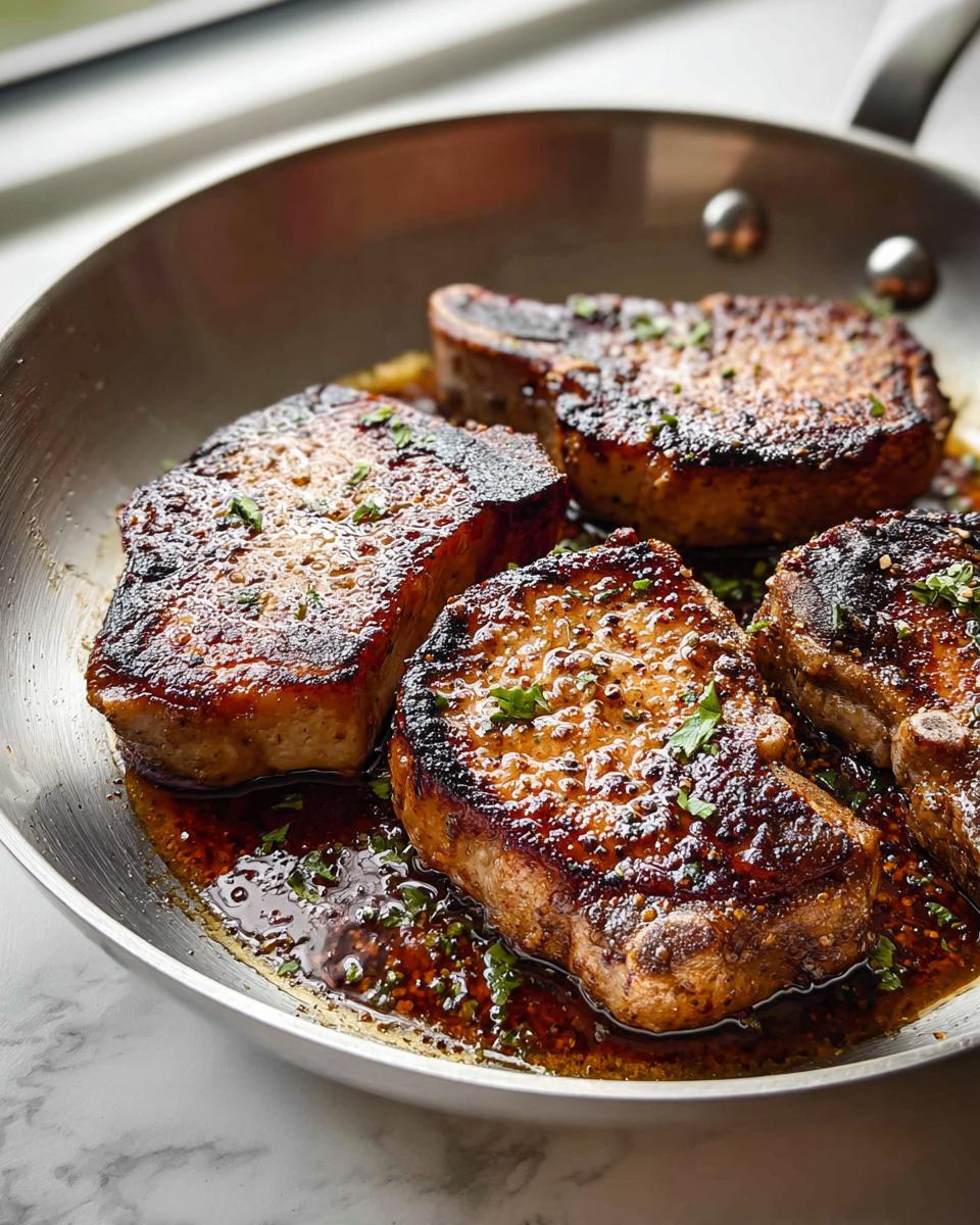 Four juicy pork chops with a glazed sauce and herbs in a skillet, perfect for meal prep.
