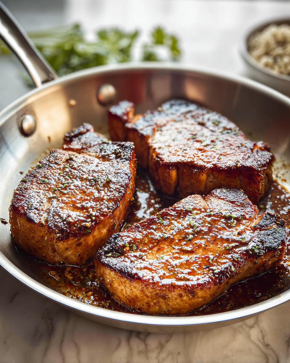 Three juicy pork chops seared and glazed in a pan, perfect for meal prep.
