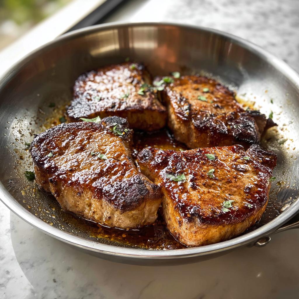 Four perfectly seared pork chops glistening in a stainless steel skillet, garnished with fresh herbs. Ideal for pork chops recipes meal prep.