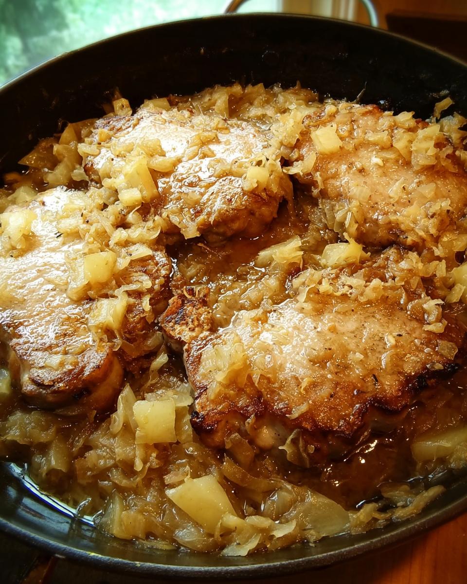 Close-up of tender pork chops simmered with caramelized onions in a cast-iron skillet, part of our 10-minute pork chops recipes.