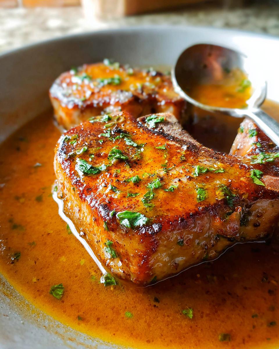 Close-up of two juicy, pan-seared pork chops in a rich, savory sauce, garnished with fresh herbs.