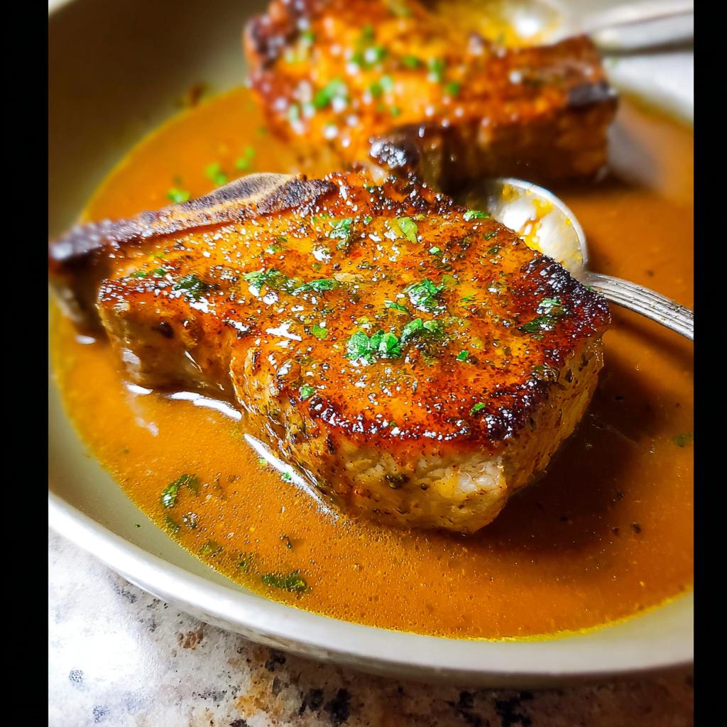 Two perfectly cooked pork chops in a rich, savory sauce, garnished with fresh herbs. A beginner-friendly recipe.