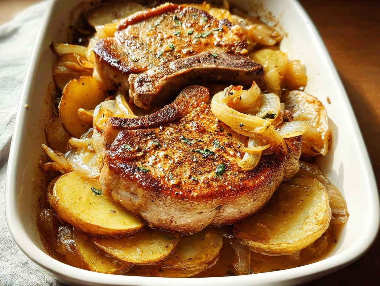 Two juicy pork chops baked with sliced potatoes and caramelized onions in a white baking dish.
