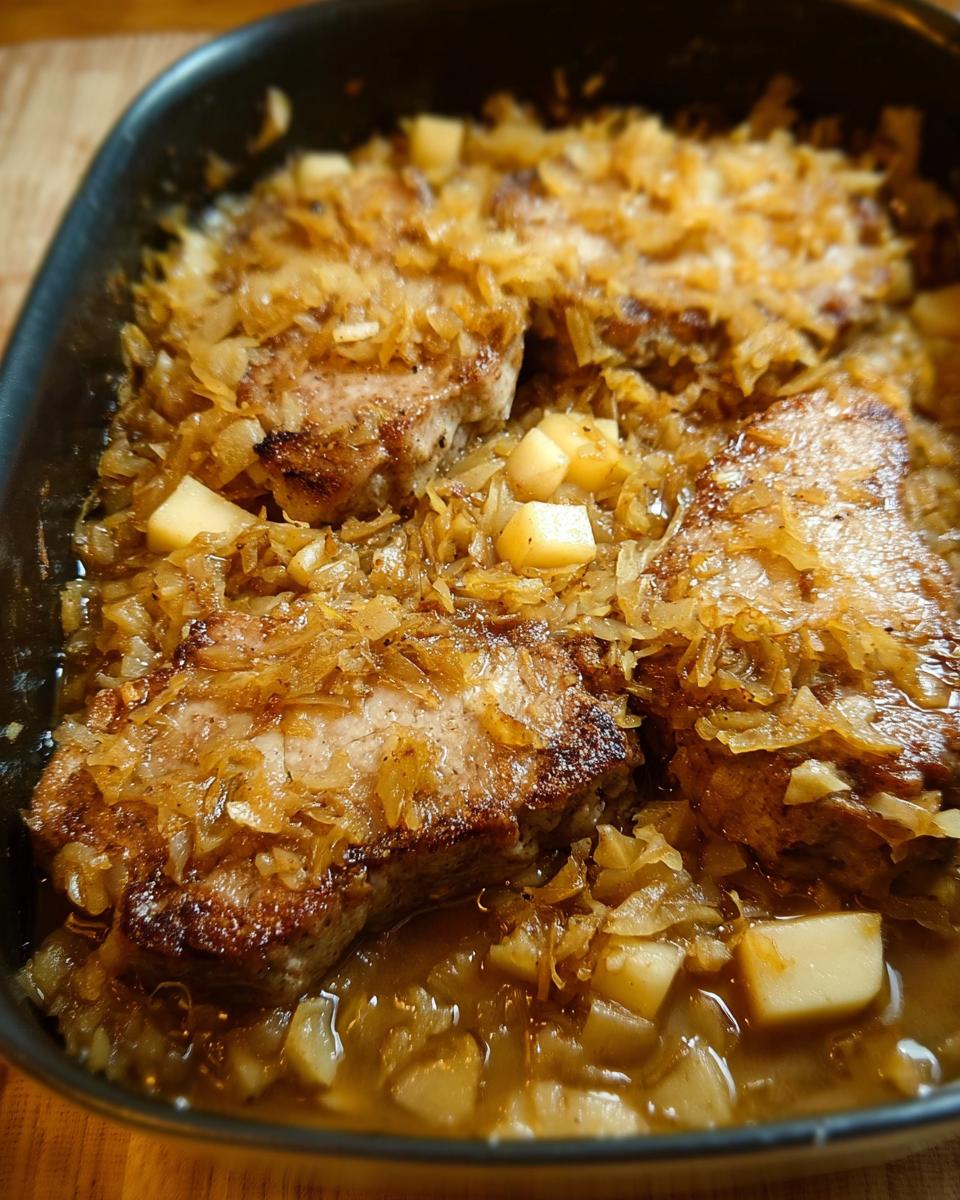 Close-up of tender pork chops cooked with onions and apples in a savory sauce, perfect for a 10-minute recipe.