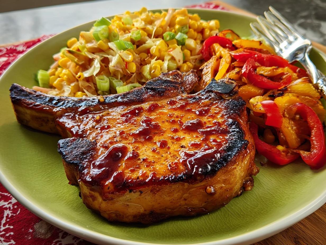 A perfectly cooked pork chop with a glossy glaze, served with corn salad and grilled peppers. Learn how to make pork chops recipes like a pro.