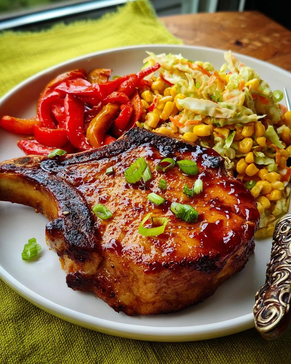 A perfectly cooked, glazed pork chop served with roasted peppers and corn slaw, a delicious pork chops recipe.