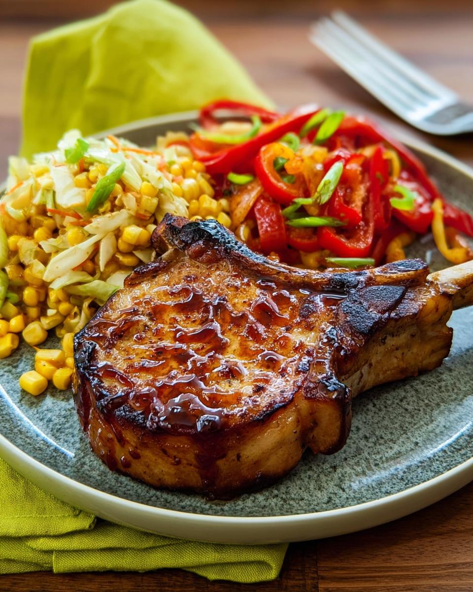 A perfectly cooked pork chop with a glaze, served with corn, coleslaw, and sautéed peppers.