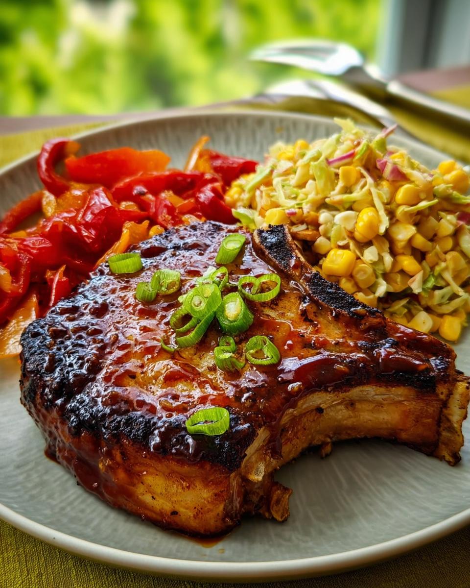 A perfectly cooked pork chop recipe, glazed and topped with green onions, served with roasted peppers and corn slaw.