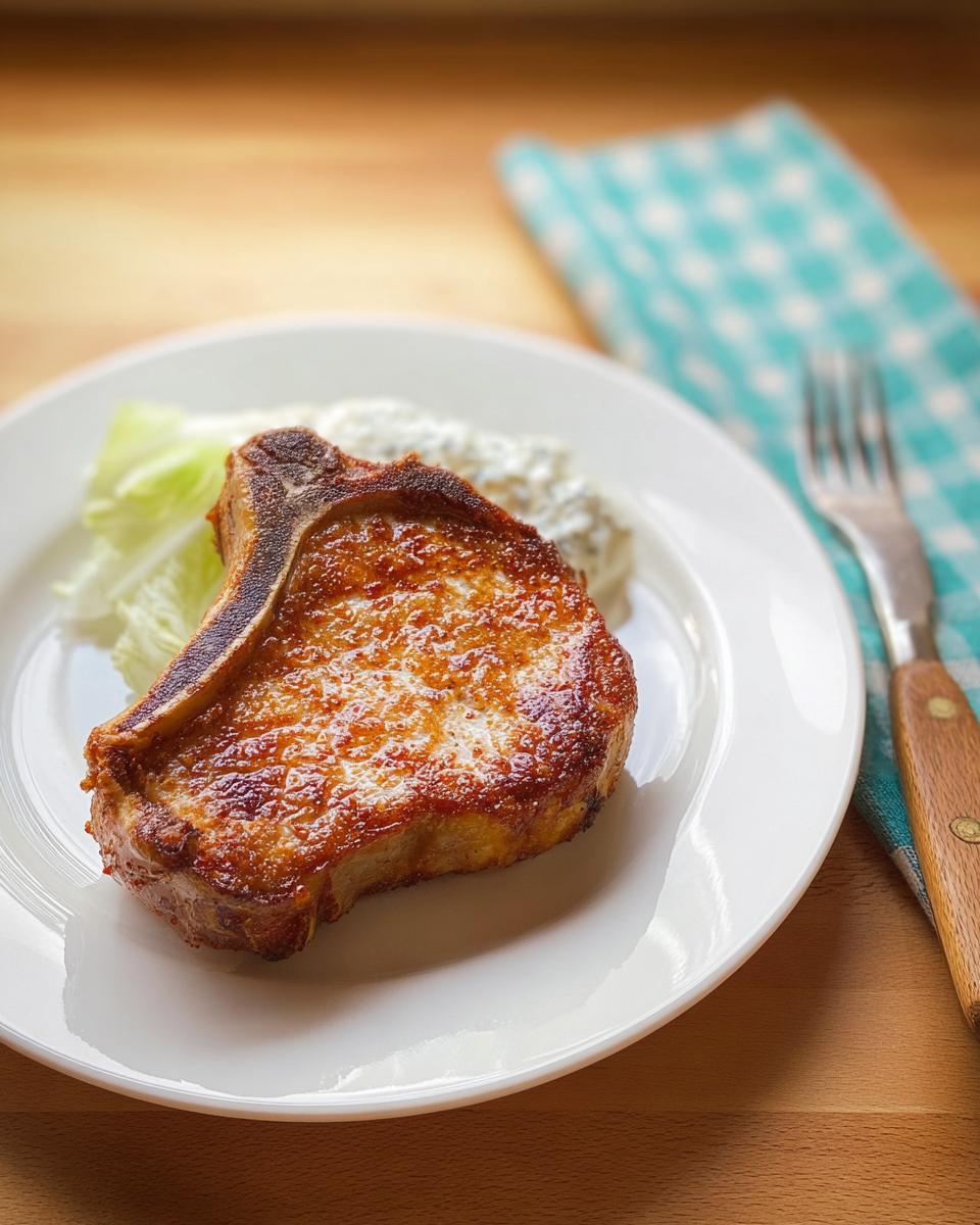 A perfectly cooked pork chop with a golden-brown crust, served with lettuce and a side of sauce.