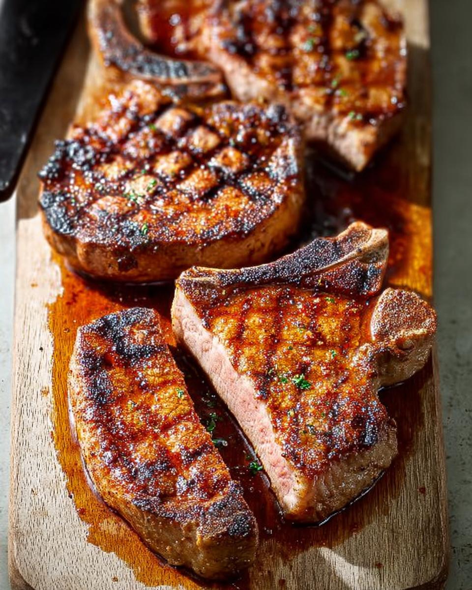Close-up of juicy, grilled pork chops with grill marks, served on a wooden board.