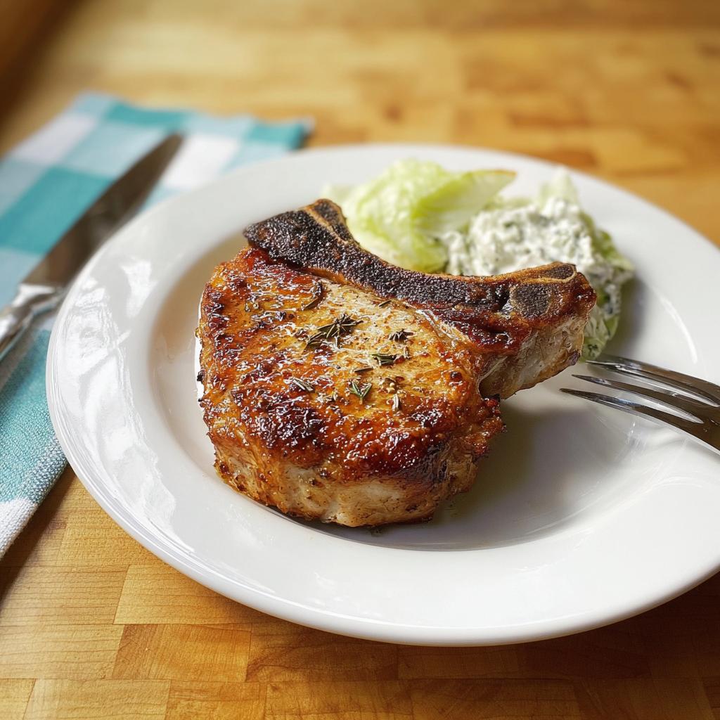 A perfectly cooked pork chop seasoned with herbs, served with a side of coleslaw.