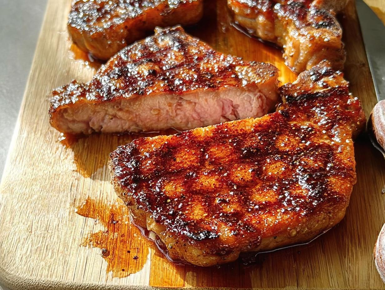 Close-up of perfectly cooked pork chops with grill marks, resting on a wooden cutting board.