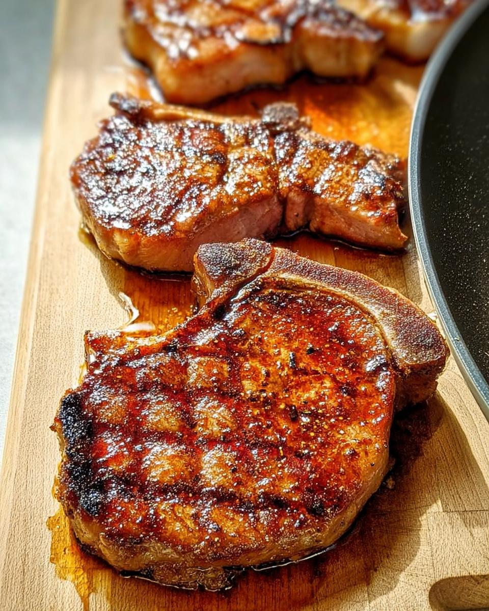 Close-up of perfectly cooked pork chops with grill marks, resting on a wooden cutting board.