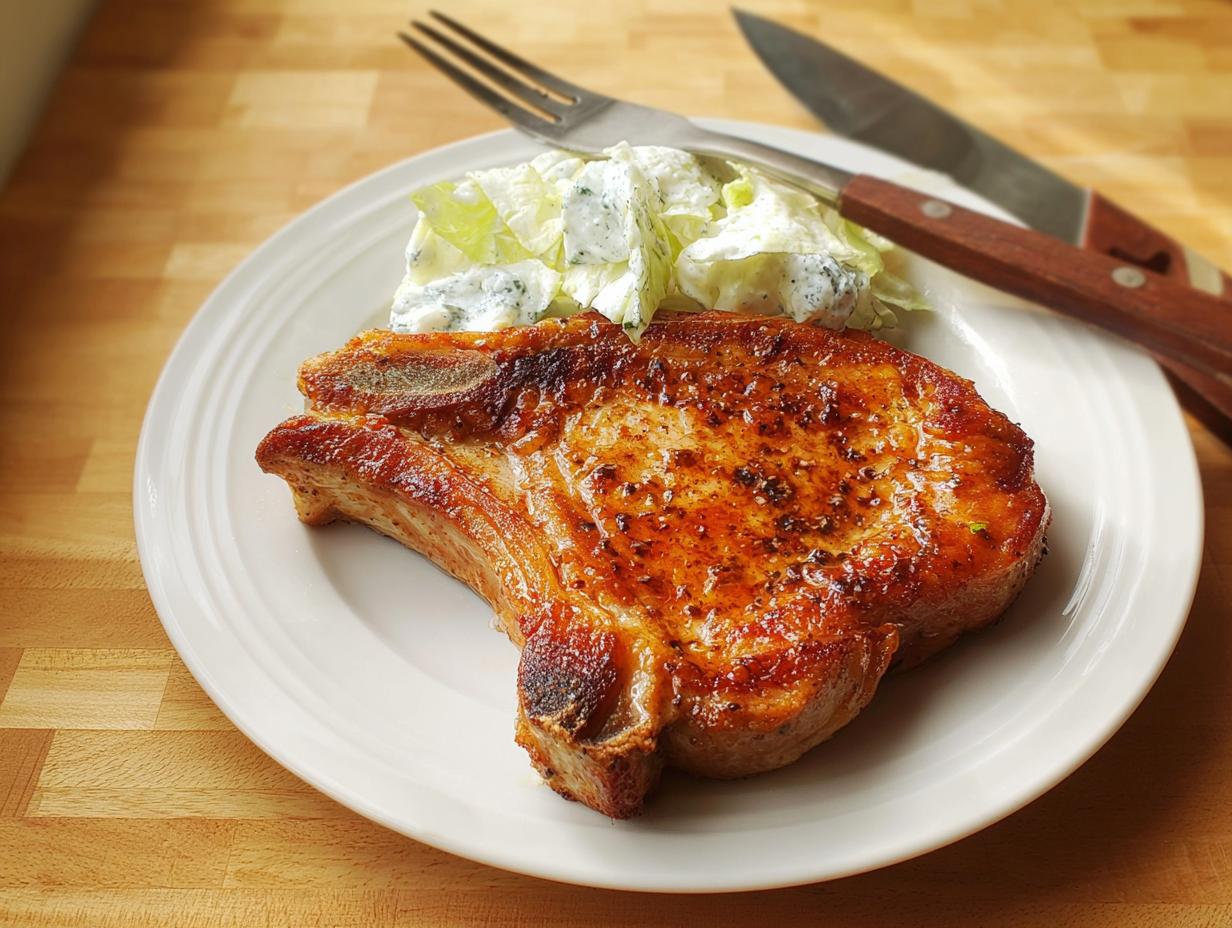 A perfectly cooked pork chop served with a creamy blue cheese salad, a popular pork chops recipe.