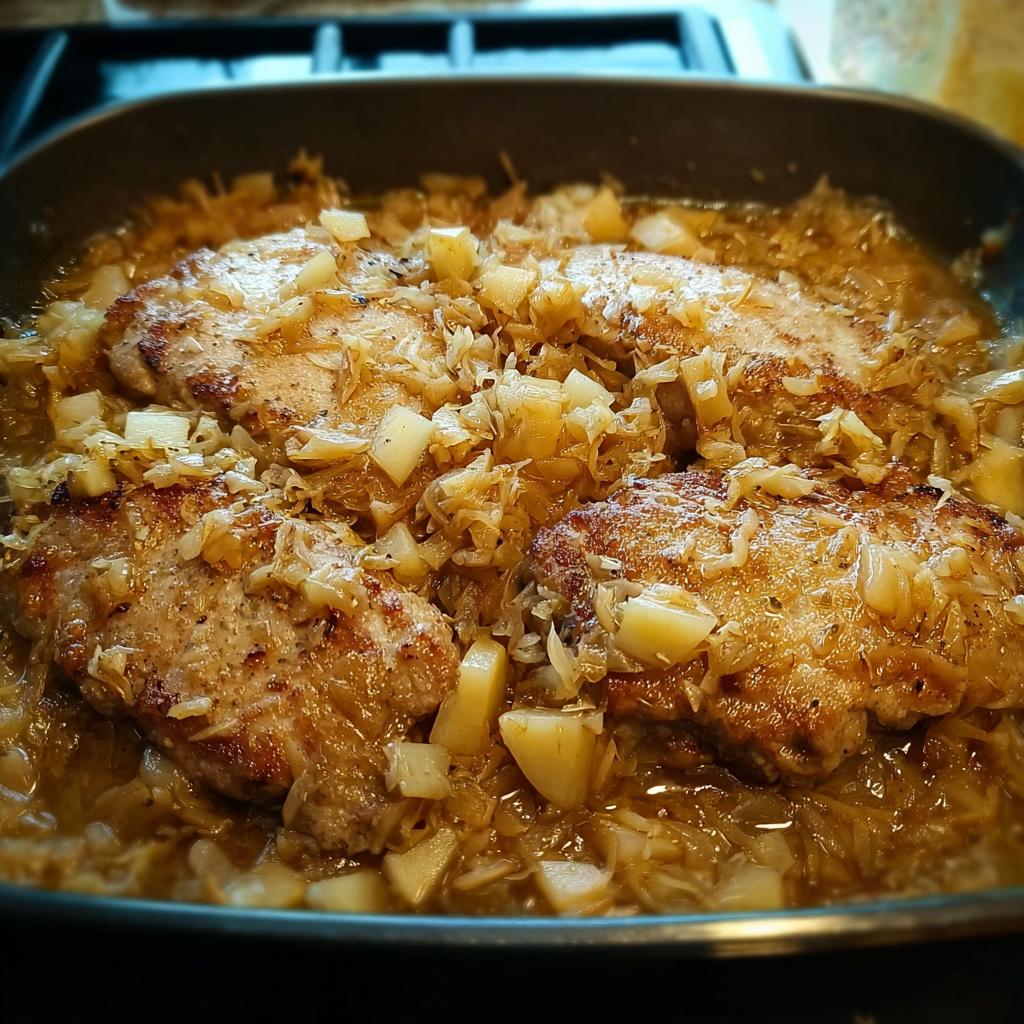 Close-up of juicy pork chops simmered with onions and apples in a skillet, a quick and delicious recipe.