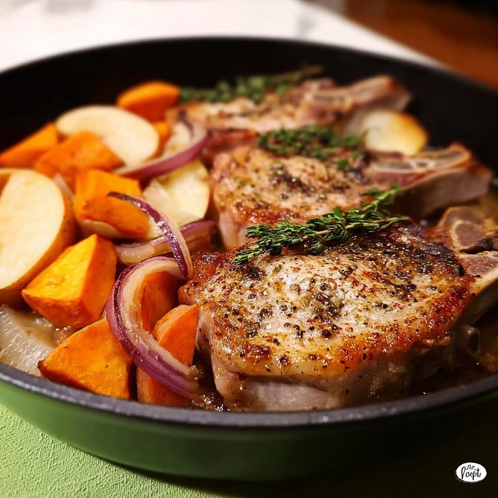 Close-up of perfectly cooked pork chops recipe served with roasted sweet potatoes, red onion, and apple slices.