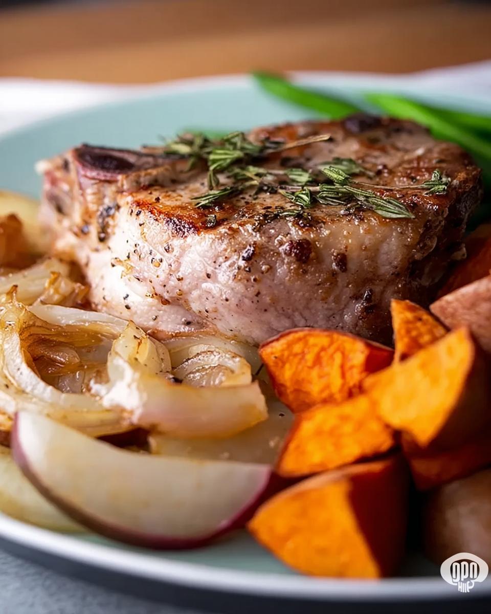 Close-up of a perfectly cooked pork chop recipe served with roasted sweet potatoes, onions, and green beans.