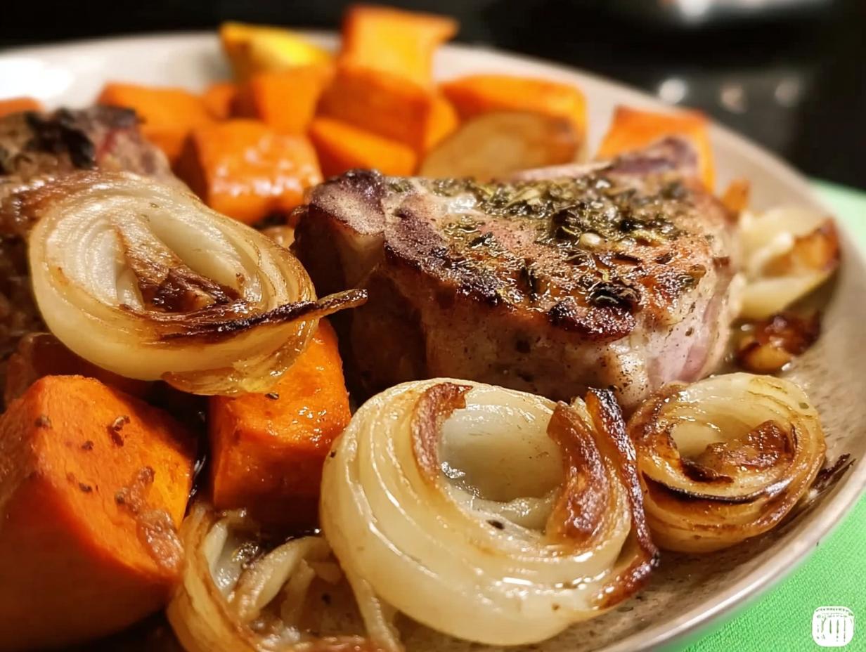 A close-up of a perfectly cooked pork chop served with roasted sweet potatoes and caramelized onions.