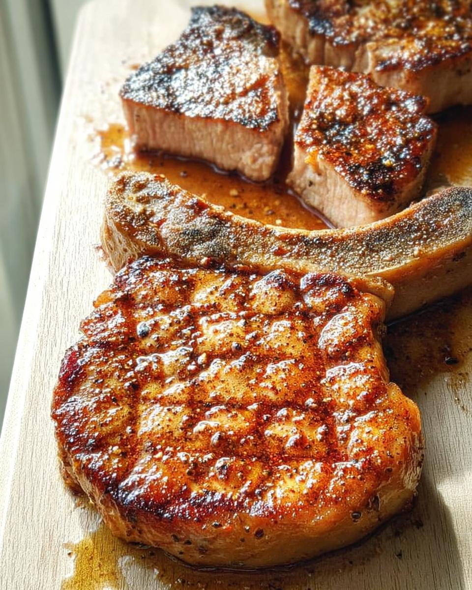 Close-up of juicy, pan-seared pork chops with grill marks, resting in their own juices on a wooden board.
