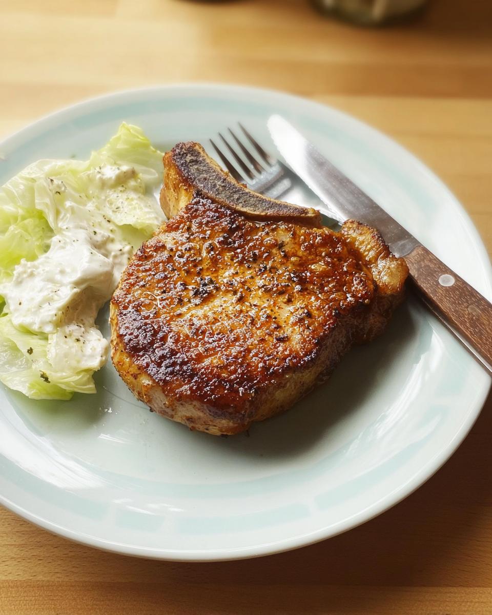 A perfectly cooked pork chop served with a side of crisp lettuce and creamy dressing, part of our popular Pork Chops Recipes.