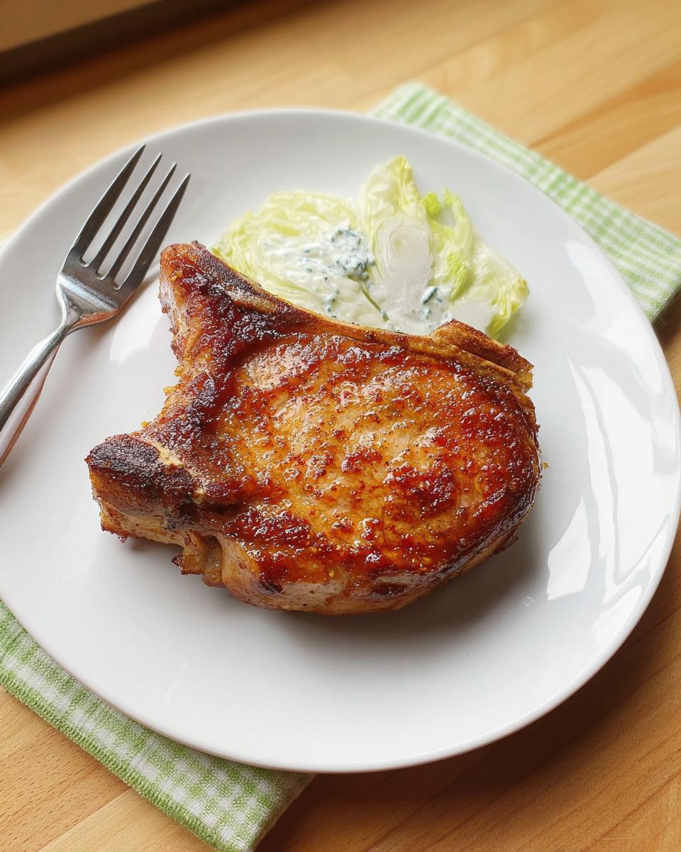 A perfectly cooked pork chop served with a wedge of lettuce and creamy dressing.